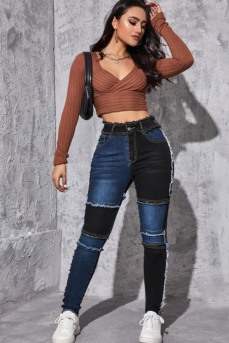 Women's Chic Contrast Panel Slim Fit Jeans In Navy And Black