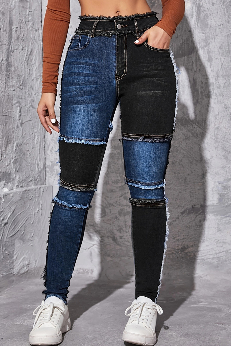 Women's Chic Contrast Panel Slim Fit Jeans In Navy And Black