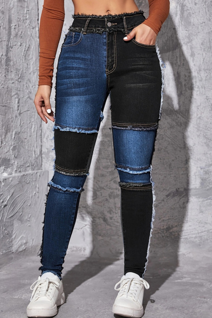 Women's Chic Contrast Panel Slim Fit Jeans In Navy And Black