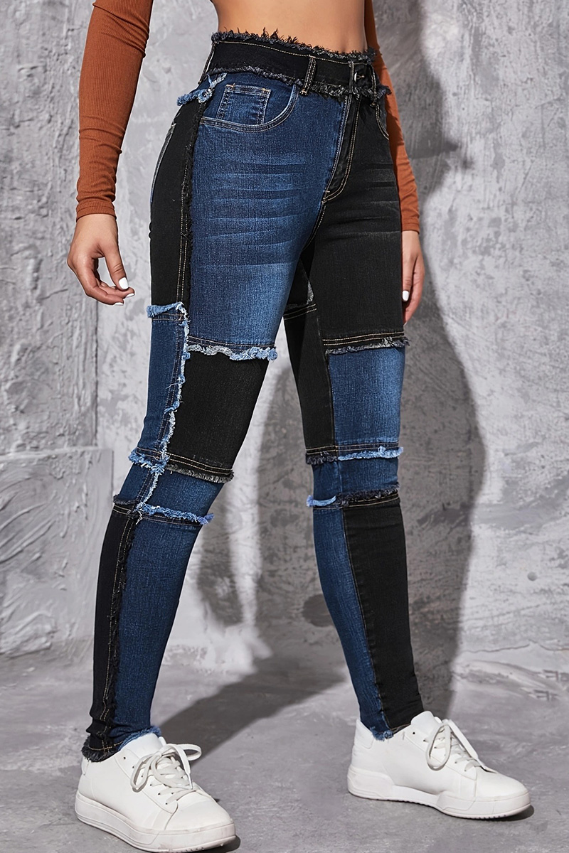 Women's Chic Contrast Panel Slim Fit Jeans In Navy And Black