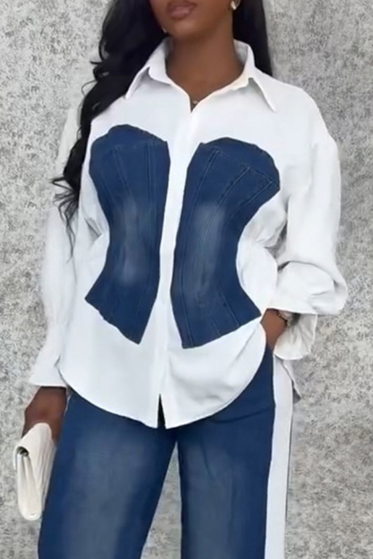 Women's Utility Style Denim Patchwork Shirt+ Jeans With Adjustable Drawstring Sets