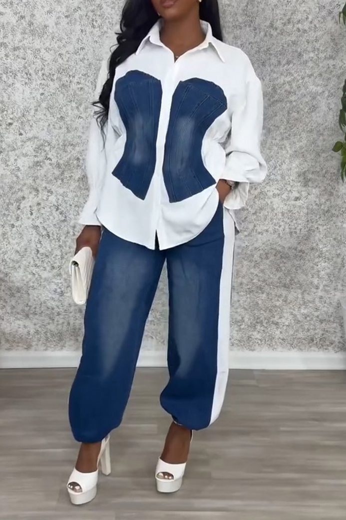 Women's Utility Style Denim Patchwork Shirt+ Jeans With Adjustable Drawstring Sets