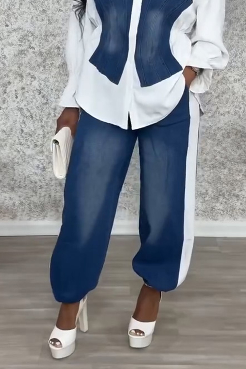 Women's Utility Style Denim Patchwork Shirt+ Jeans With Adjustable Drawstring Sets