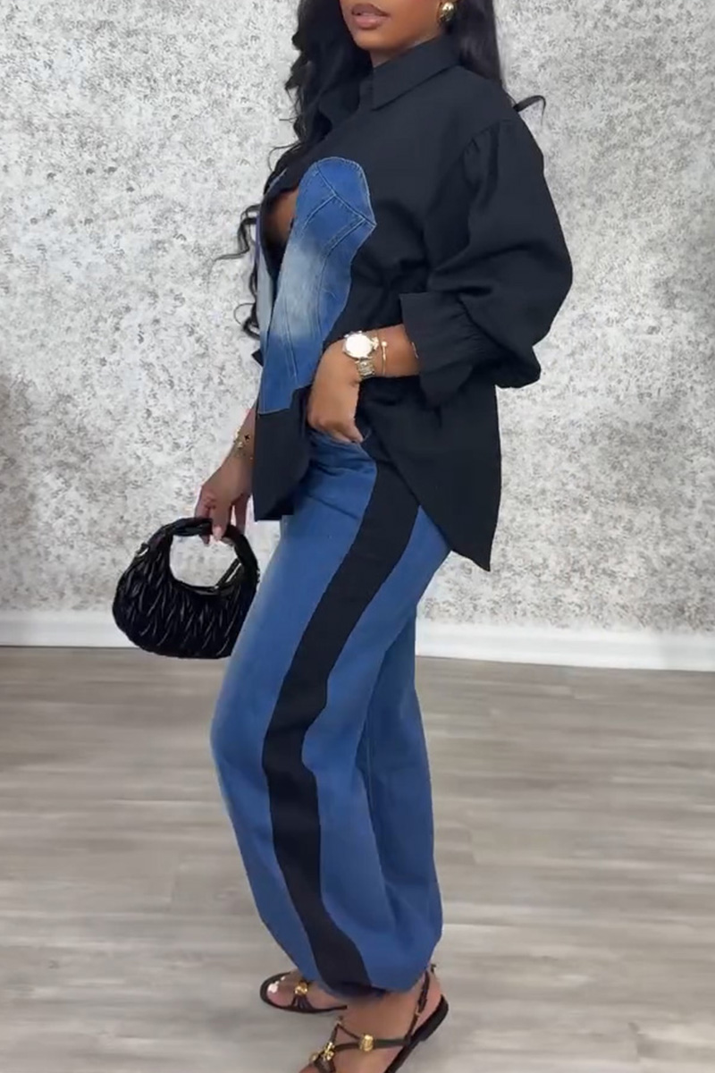 Women's Utility Style Denim Patchwork Shirt+ Jeans With Adjustable Drawstring Sets