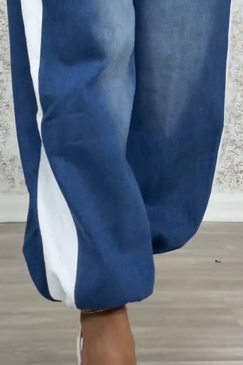 Women's Utility Style Denim Patchwork Shirt+ Jeans With Adjustable Drawstring Sets