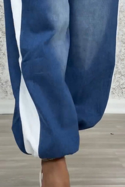 Women's Utility Style Denim Patchwork Shirt+ Jeans With Adjustable Drawstring Sets