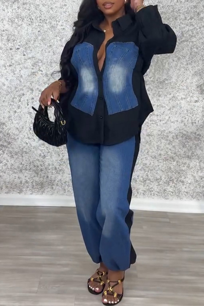 Women's Utility Style Denim Patchwork Shirt+ Jeans With Adjustable Drawstring Sets