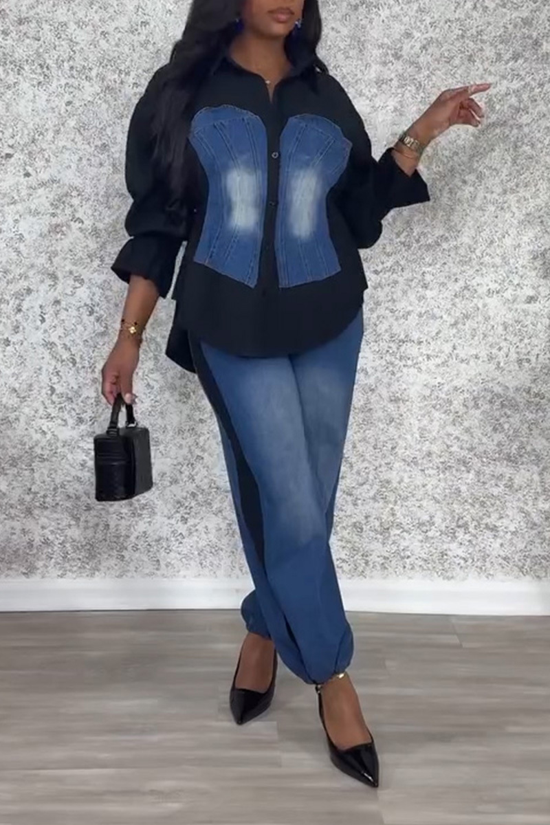 Women's Utility Style Denim Patchwork Shirt+ Jeans With Adjustable Drawstring Sets