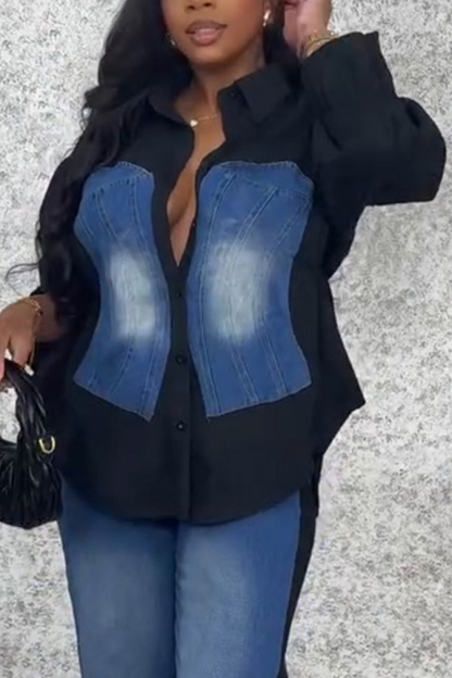 Women's Utility Style Denim Patchwork Shirt+ Jeans With Adjustable Drawstring Sets