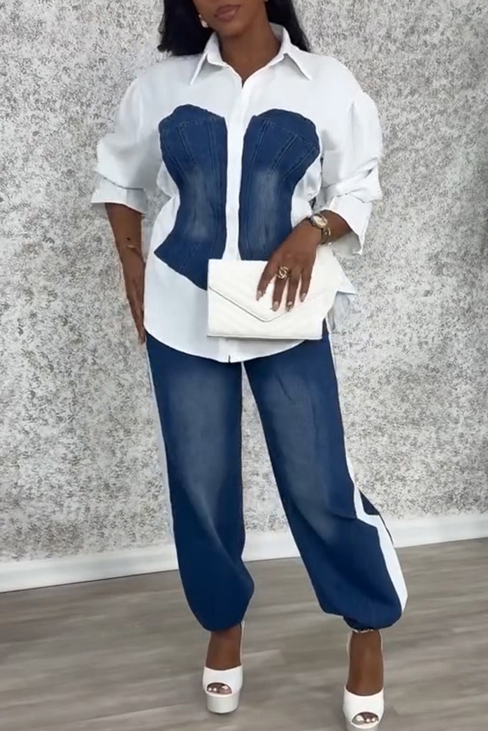 Women's Utility Style Denim Patchwork Shirt+ Jeans With Adjustable Drawstring Sets