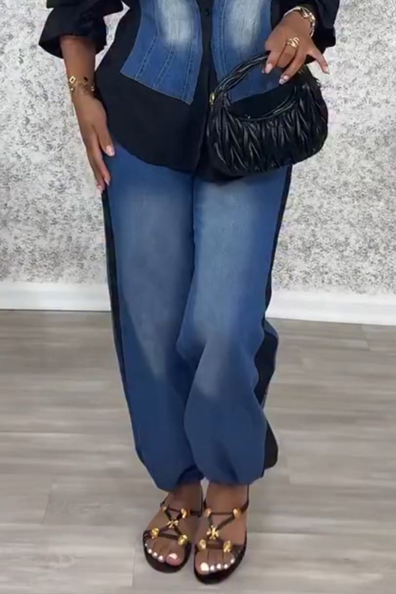 Women's Utility Style Denim Patchwork Shirt+ Jeans With Adjustable Drawstring Sets