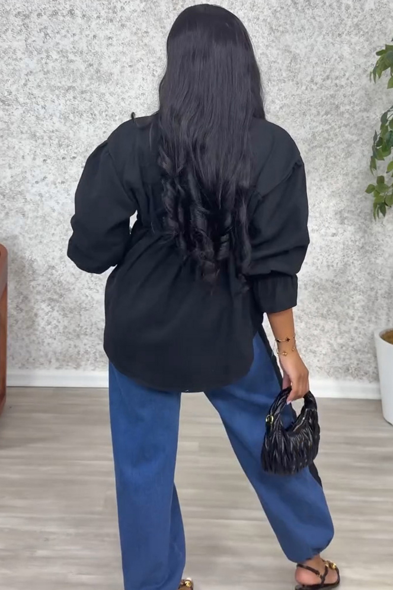 Women's Utility Style Denim Patchwork Shirt+ Jeans With Adjustable Drawstring Sets