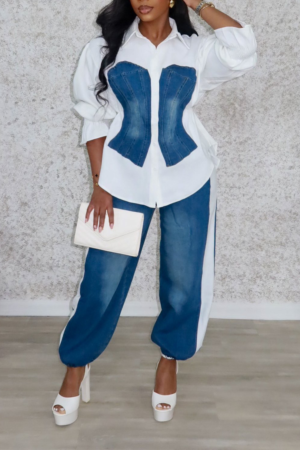 Women's Utility Style Denim Patchwork Shirt+ Jeans With Adjustable Drawstring Sets