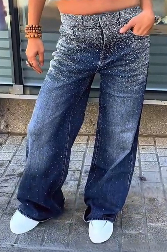 Trendy Full Coverage Ombre Rhinestone Embroidered Jeans