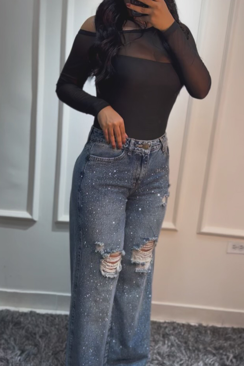 Distressed Women's Crystal Embellished Knee Ripped Jeans