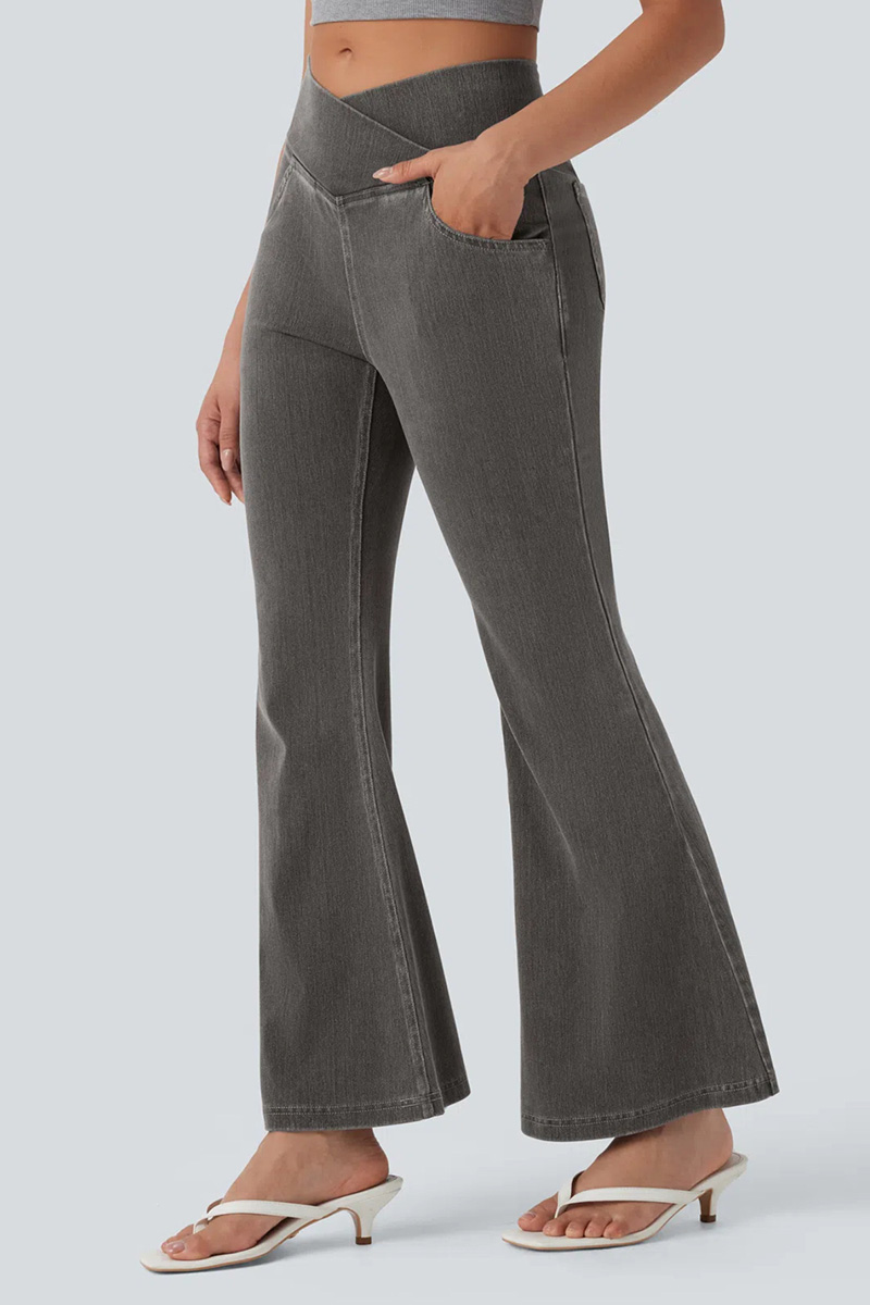 Women's High Waist Cross Over Flared Jeans With Elegant Draping