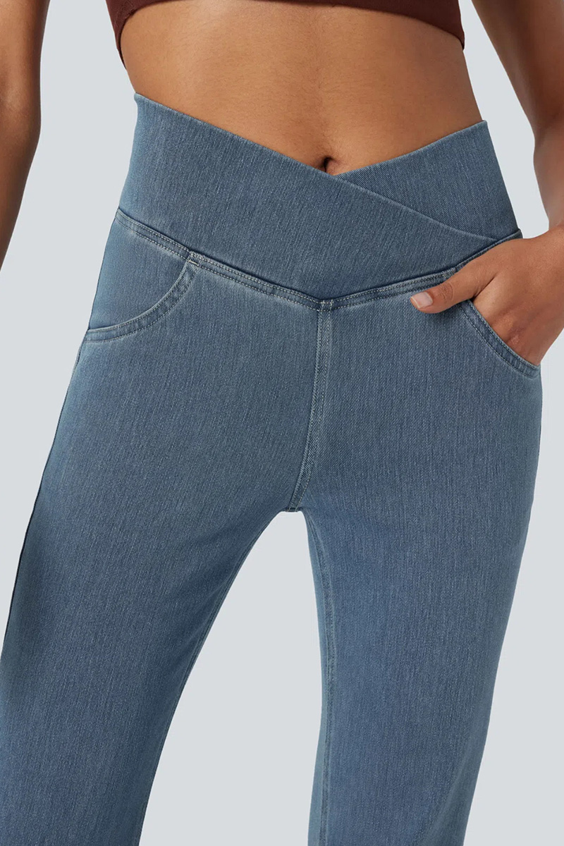 Women's High Waist Cross Over Flared Jeans With Elegant Draping