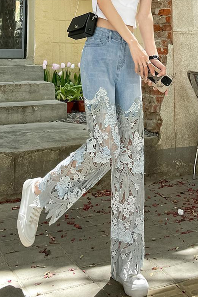 Designer Style Lace Trim Unique Jeans For Women