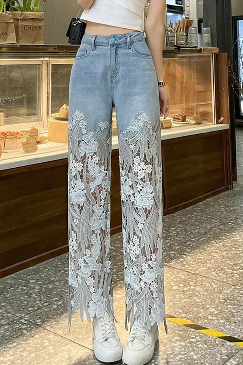 Designer Style Lace Trim Unique Jeans For Women