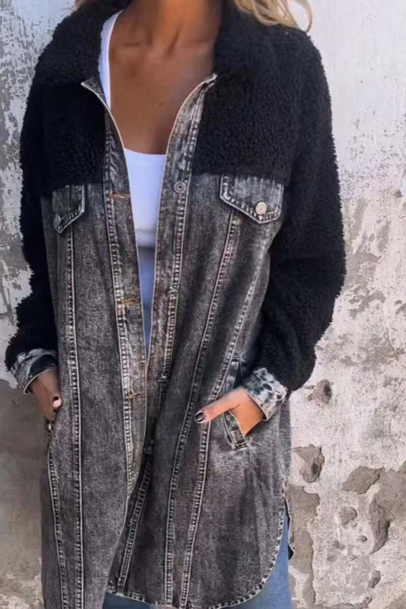 Women's Distressed Denim Patchwork Coat With Raw Edge Detailing