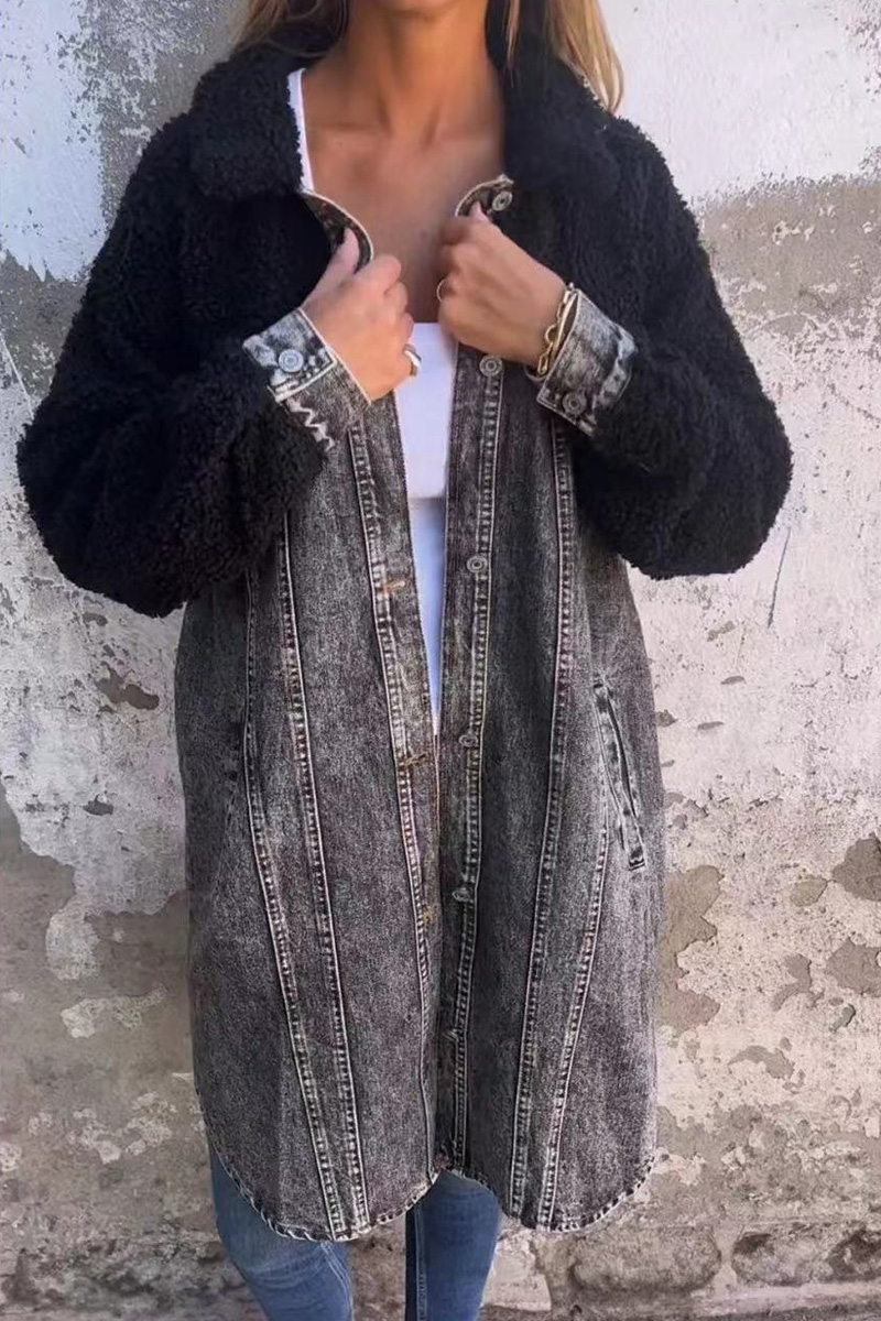 Women's Distressed Denim Patchwork Coat With Raw Edge Detailing