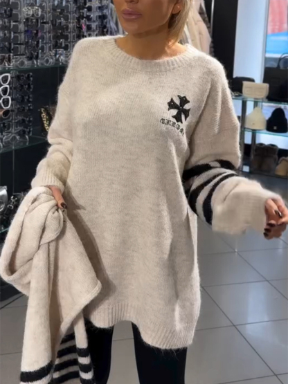 Women Round Neck Printed Casual Sweater + Scarf