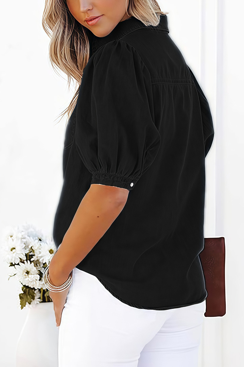 Women's Everyday Essential Short Lantern Sleeve Denim Shirt