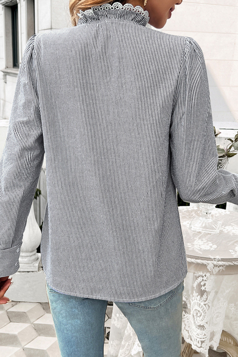 Women's Casual Striped Lace Front Button Down Shirt