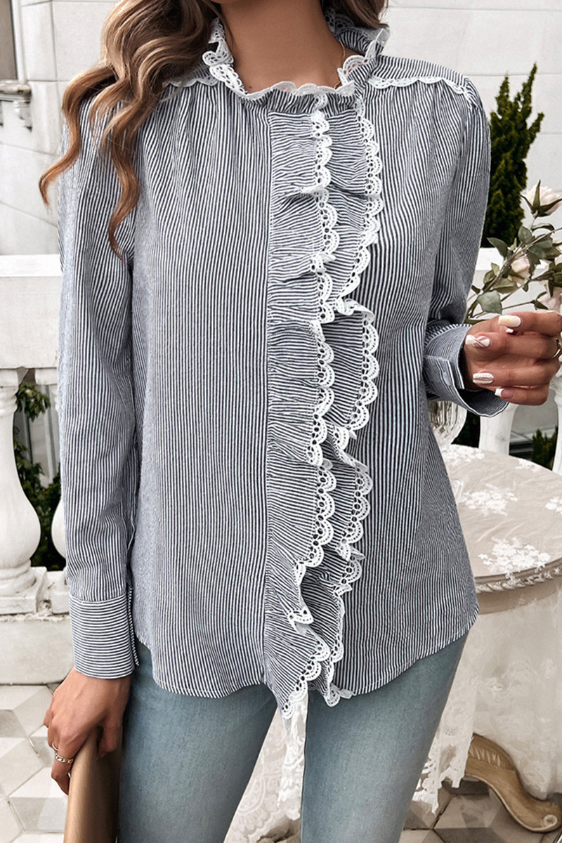 Women's Casual Striped Lace Front Button Down Shirt