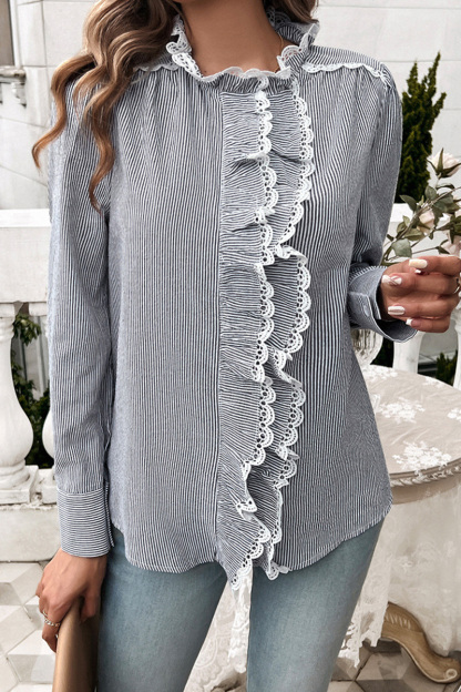 Women's Casual Striped Lace Front Button Down Shirt