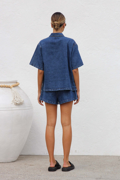 Women's Casual Loose Pocket Tee And Denim Shorts Two Piece Set