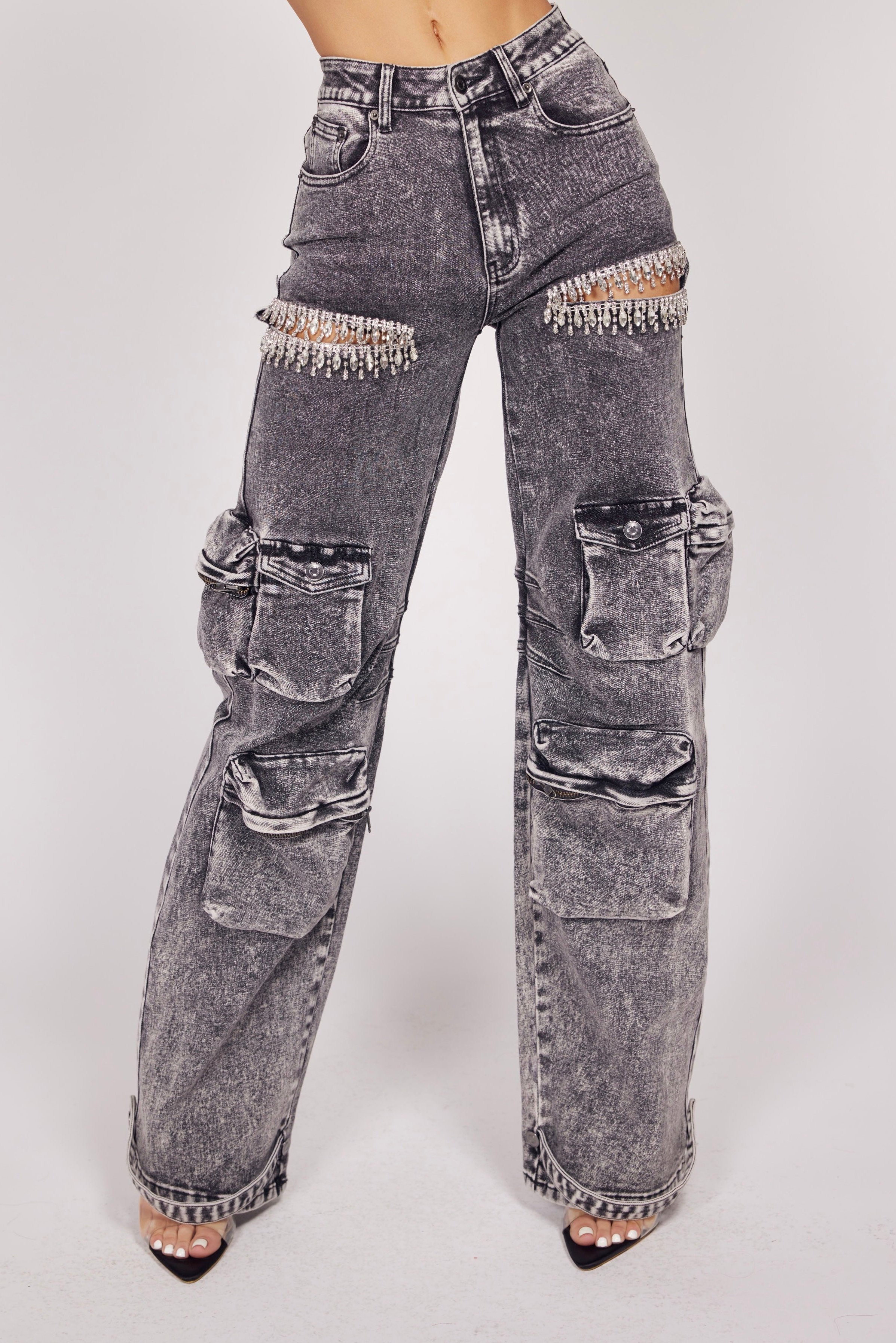 Lady's Rhinestone Fringe Jeans With Huge Pocket