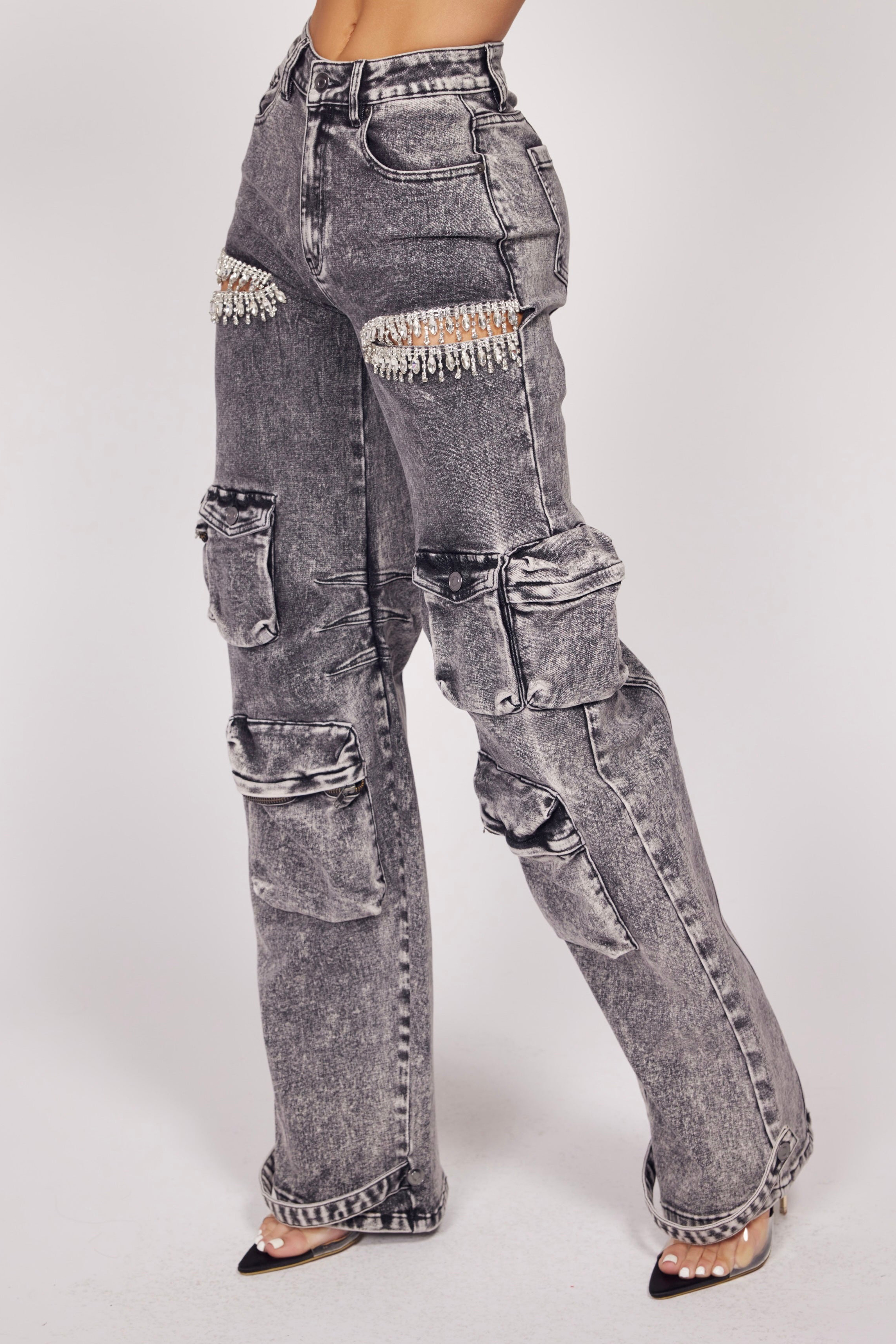 Lady's Rhinestone Fringe Jeans With Huge Pocket