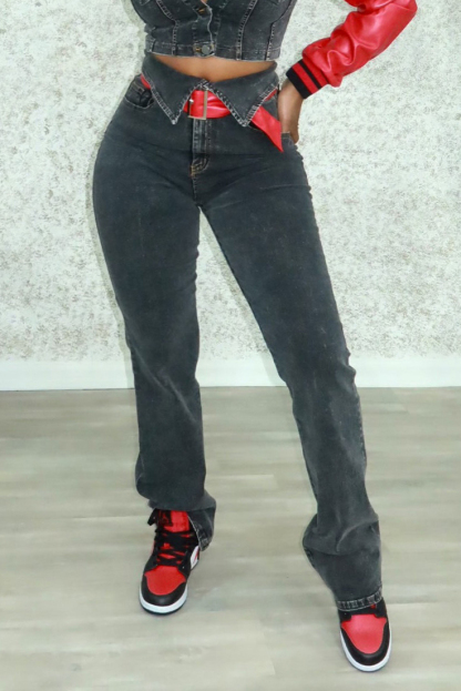 Women's Leather Panel Jacket With Contrast Belt Denim Jeans