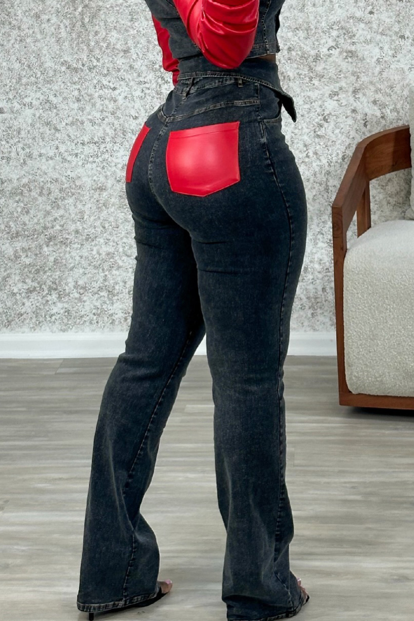 Women's Leather Panel Jacket With Contrast Belt Denim Jeans