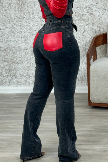 Women's Leather Panel Jacket With Contrast Belt Denim Jeans