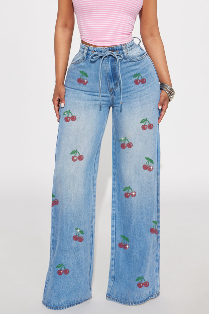 Retro Revival Cherry Rhinestone Jeans For Women