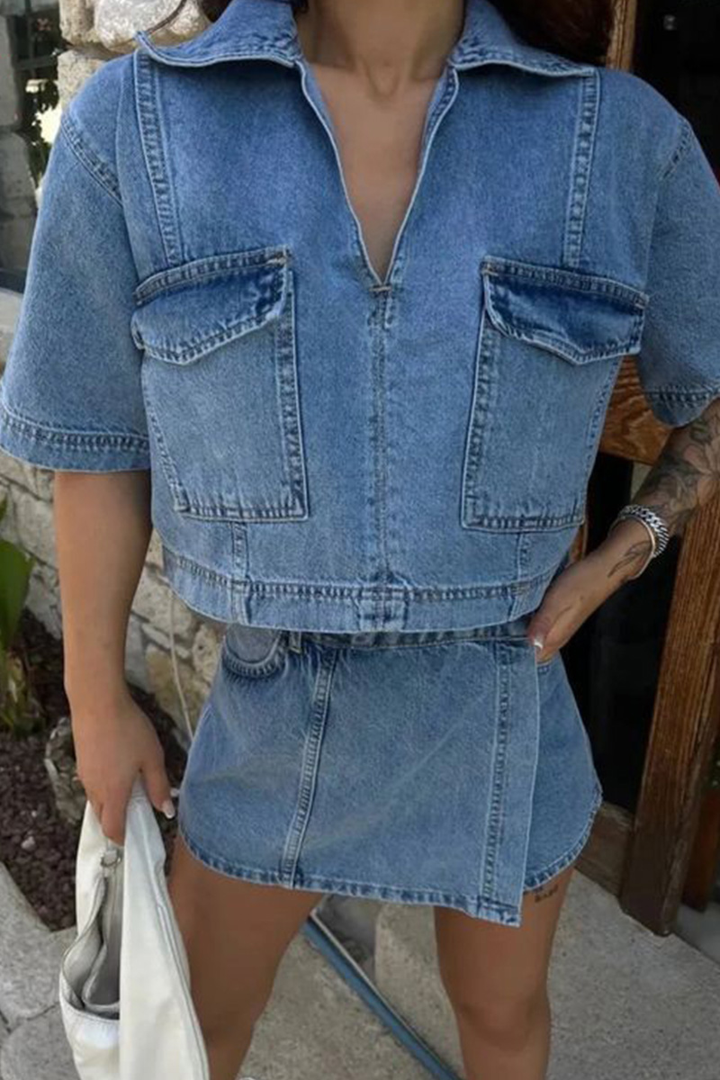 Women's Double Breasted V-Neck Cropped Shirt And High Waist Skirt Set