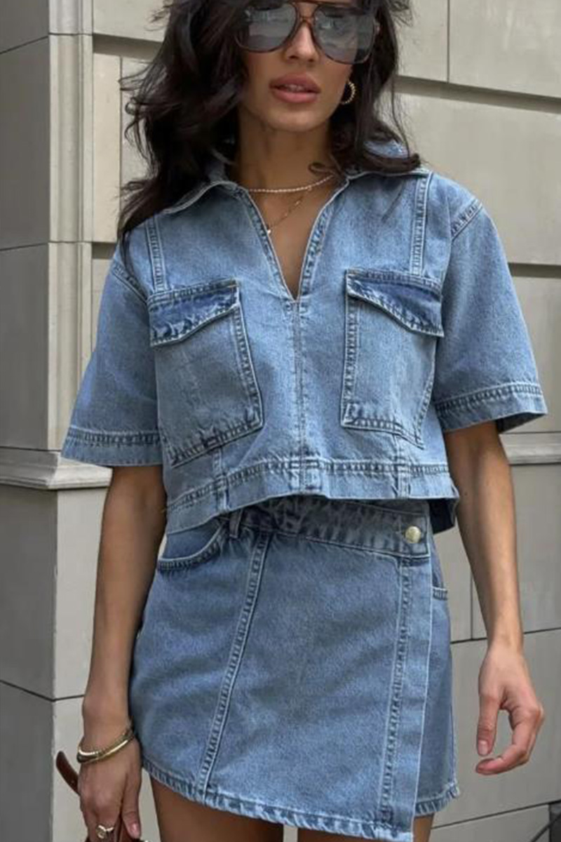Women's Double Breasted V-Neck Cropped Shirt And High Waist Skirt Set