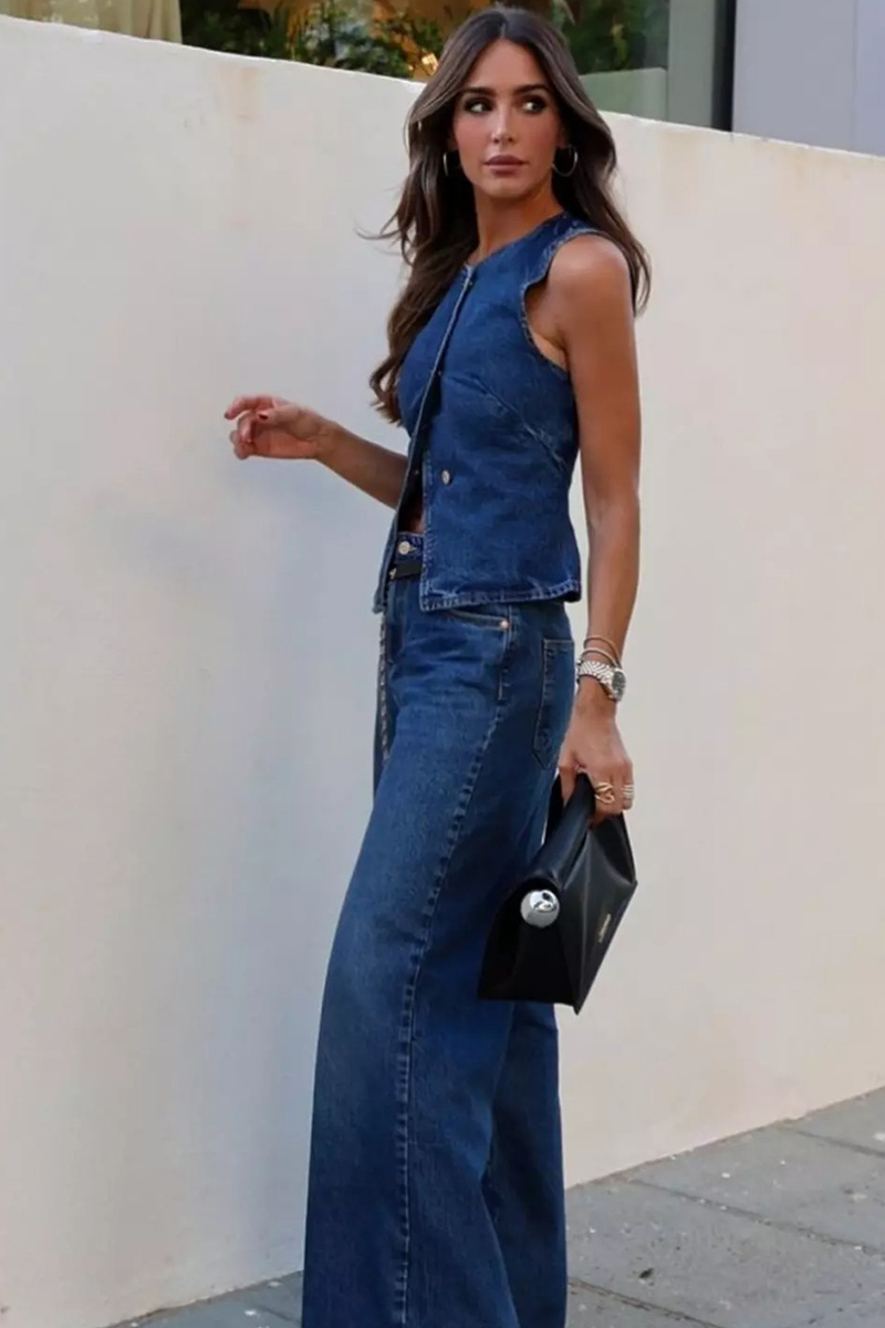 Vintage Inspired Sleeveless Denim Vest + Slimming Jeans  Set