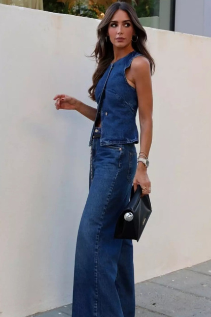 Vintage Inspired Sleeveless Denim Vest + Slimming Jeans  Set