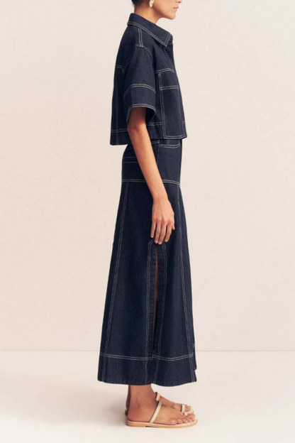 Womens Pocket Short Sleeve Shirt And Slit Skirt Denim Two Piece Set