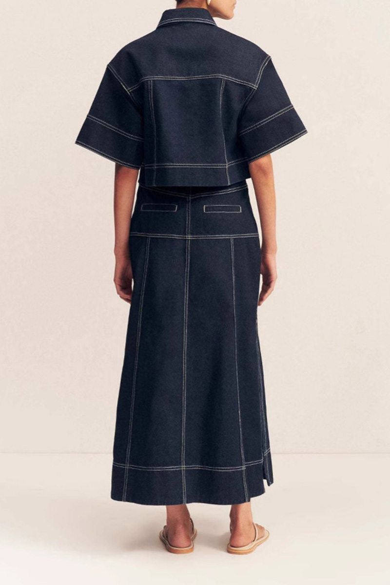 Womens Pocket Short Sleeve Shirt And Slit Skirt Denim Two Piece Set