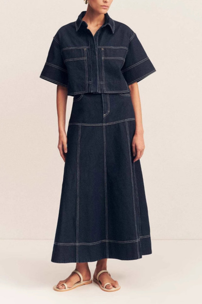 Womens Pocket Short Sleeve Shirt And Slit Skirt Denim Two Piece Set