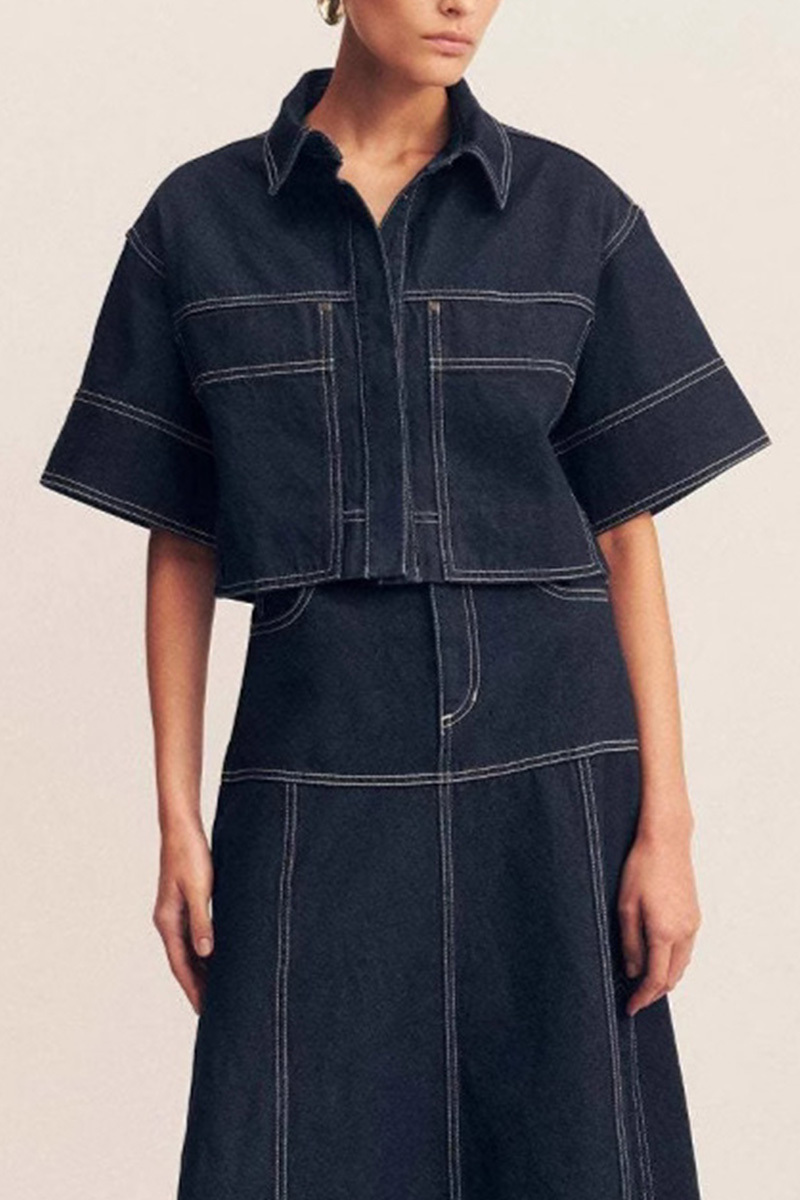 Womens Pocket Short Sleeve Shirt And Slit Skirt Denim Two Piece Set