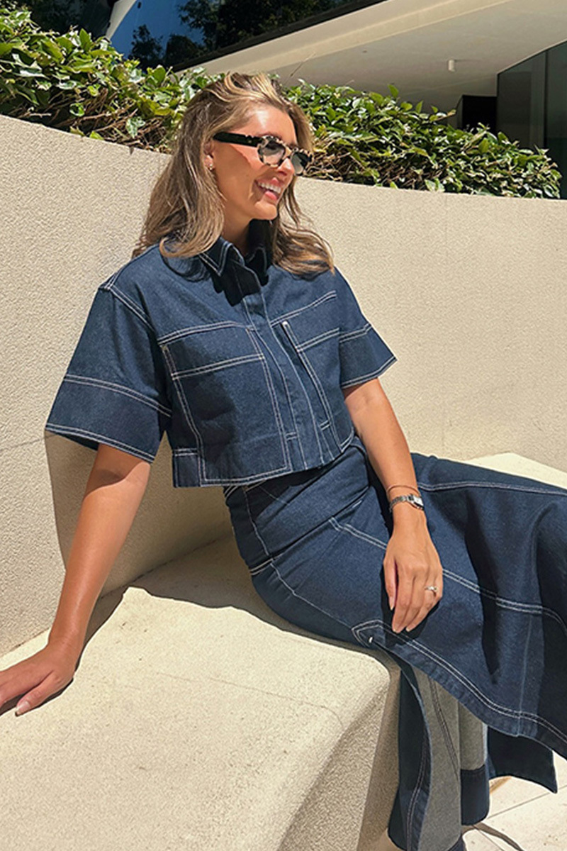 Womens Pocket Short Sleeve Shirt And Slit Skirt Denim Two Piece Set