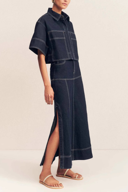 Womens Pocket Short Sleeve Shirt And Slit Skirt Denim Two Piece Set