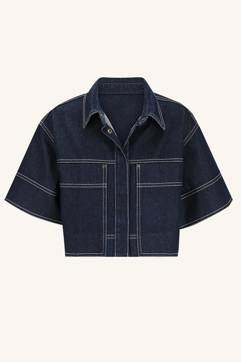 Womens Pocket Short Sleeve Shirt And Slit Skirt Denim Two Piece Set