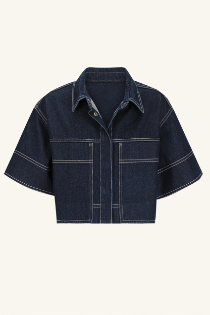 Womens Pocket Short Sleeve Shirt And Slit Skirt Denim Two Piece Set