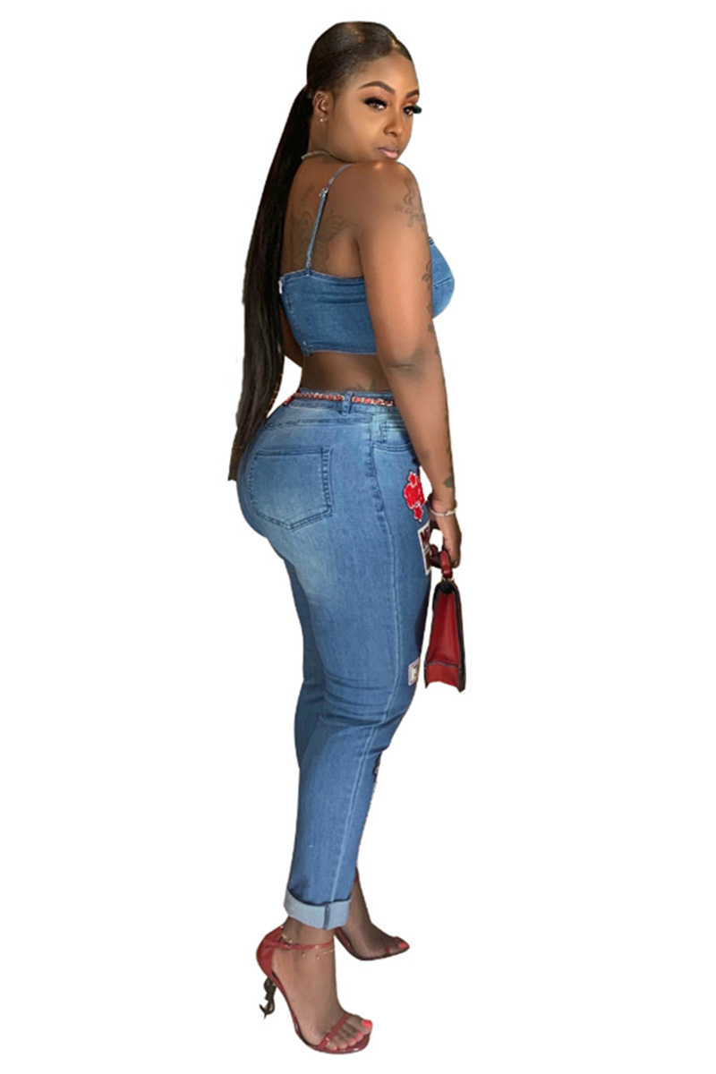 Ladies Denim Vest + Flared Jeans With Embroidered Cartoon Patches Sets